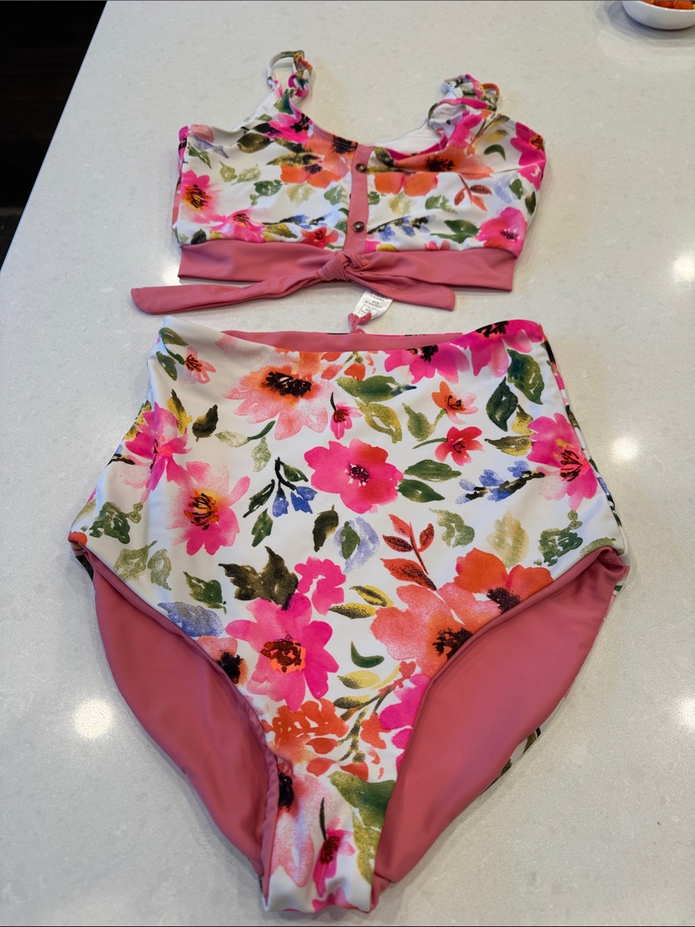 Women's Floral Pink High-Waist Swim suit reversible bottom 8-10 top is not 4-6